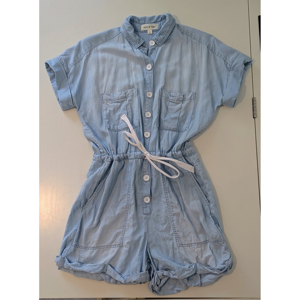 Anthropology Cloth & Stone Tencel Chambray Button Down Romper Light Wash Small‎